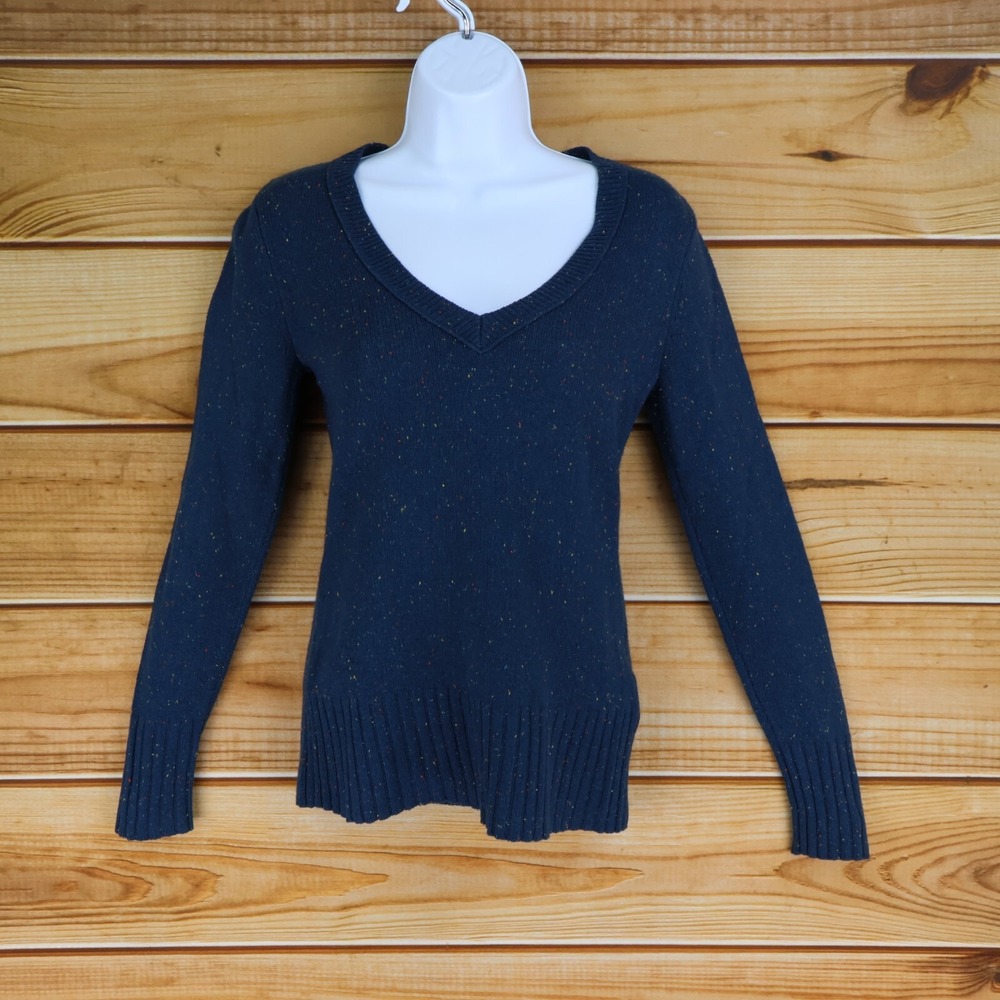 Old Navy Sweater Pullover Womens Sz XS Dark Blue Speckled Wool Blend V-Neck Warm